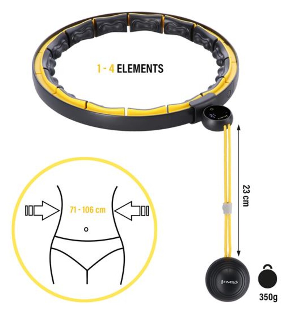 Masážna hula hoop HHM21 so závažím, magnetmi a počítadlom čierna/žltá