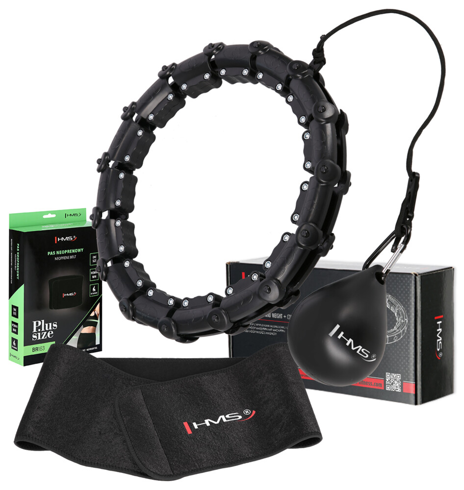 Sada černé masážní Hula Hoop se závažím HHW11 a zeštíhlujícího bederního pásu BR163 PLUS SIZE
